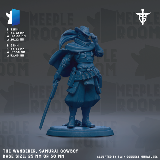 a statue of a cowboy or samurai character, with a detailed and realistic appearance. The statue is described as a "base size: 25mm or 50mm" and is shown against a dark background. The image is a collage of multiple images, and the phrase "The image depicts" is not used.