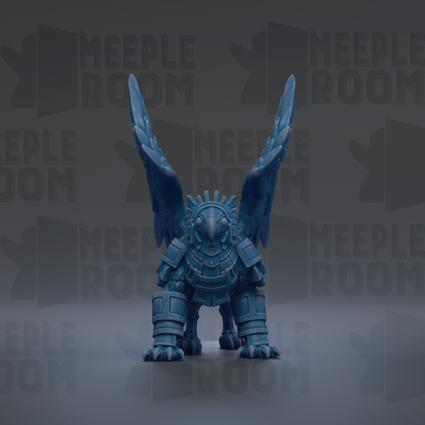 A blue winged creature with a helmet and armor-like armor stands in the center of the image against a dark background with repeated text.