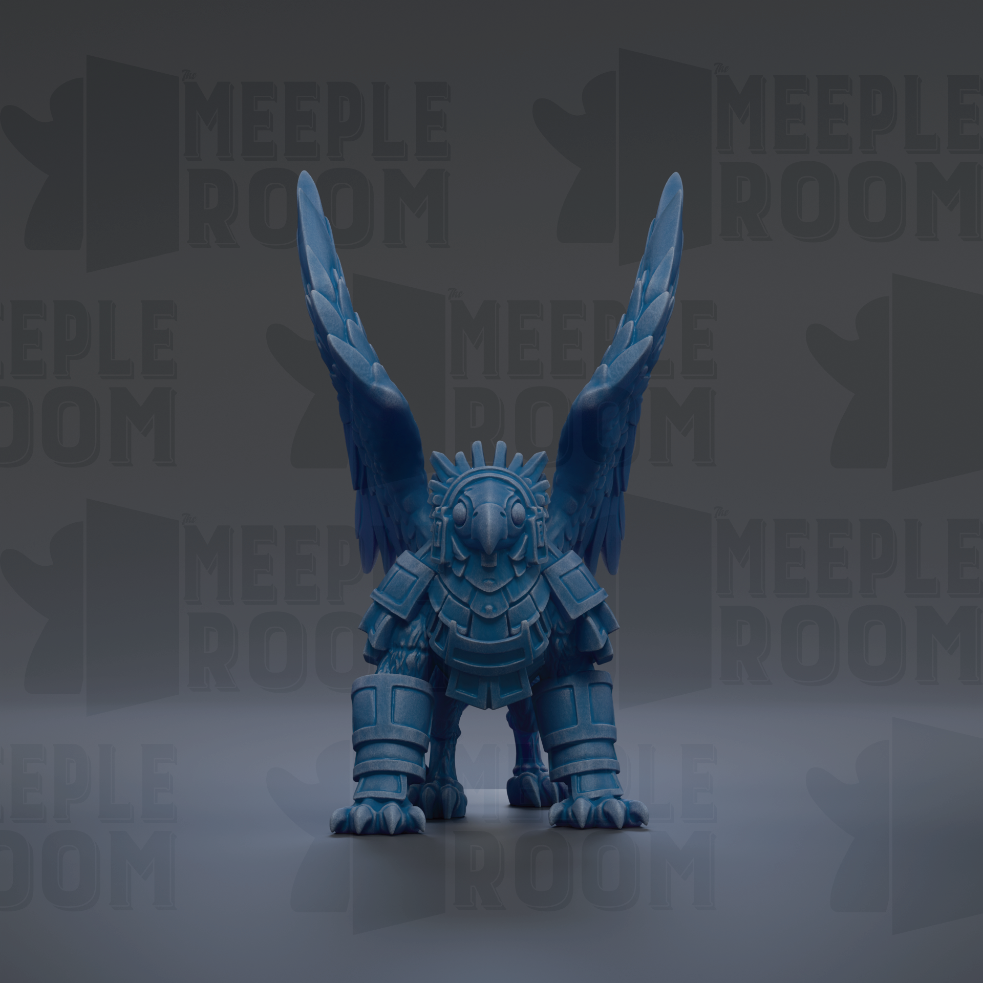 A blue winged creature with a helmet and armor-like armor stands in the center of the image against a dark background with repeated text.