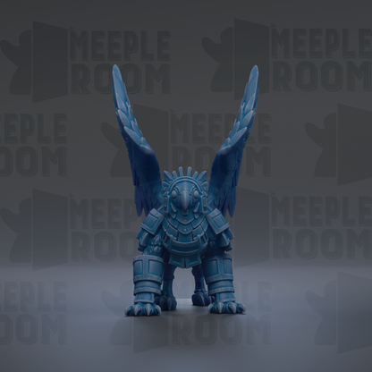 A blue winged creature with a helmet and armor-like armor stands in the center of the image against a dark background with repeated text.