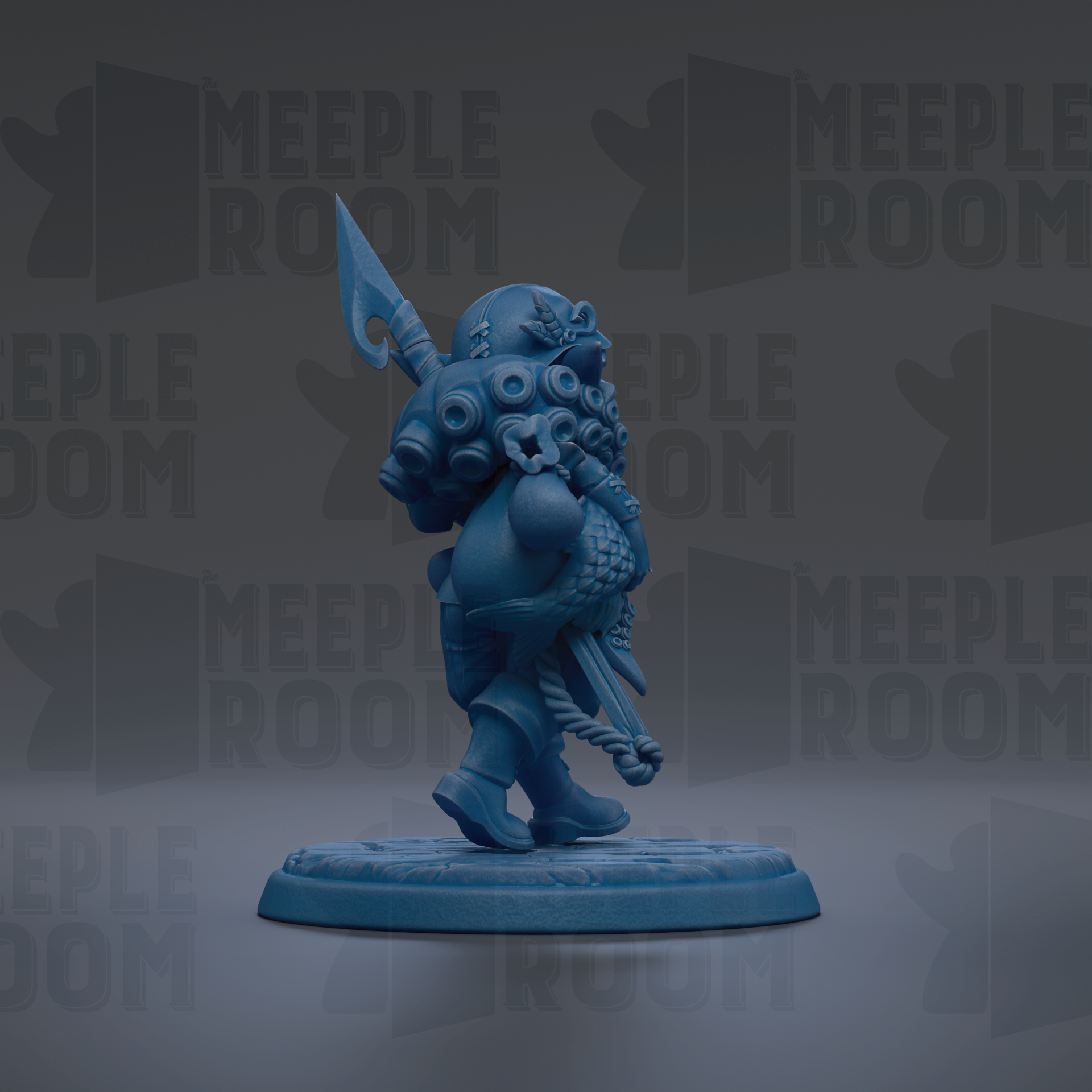 A blue figurine of a character with a pointed hat and a sword, standing on a blue base against a dark background with repeated text.