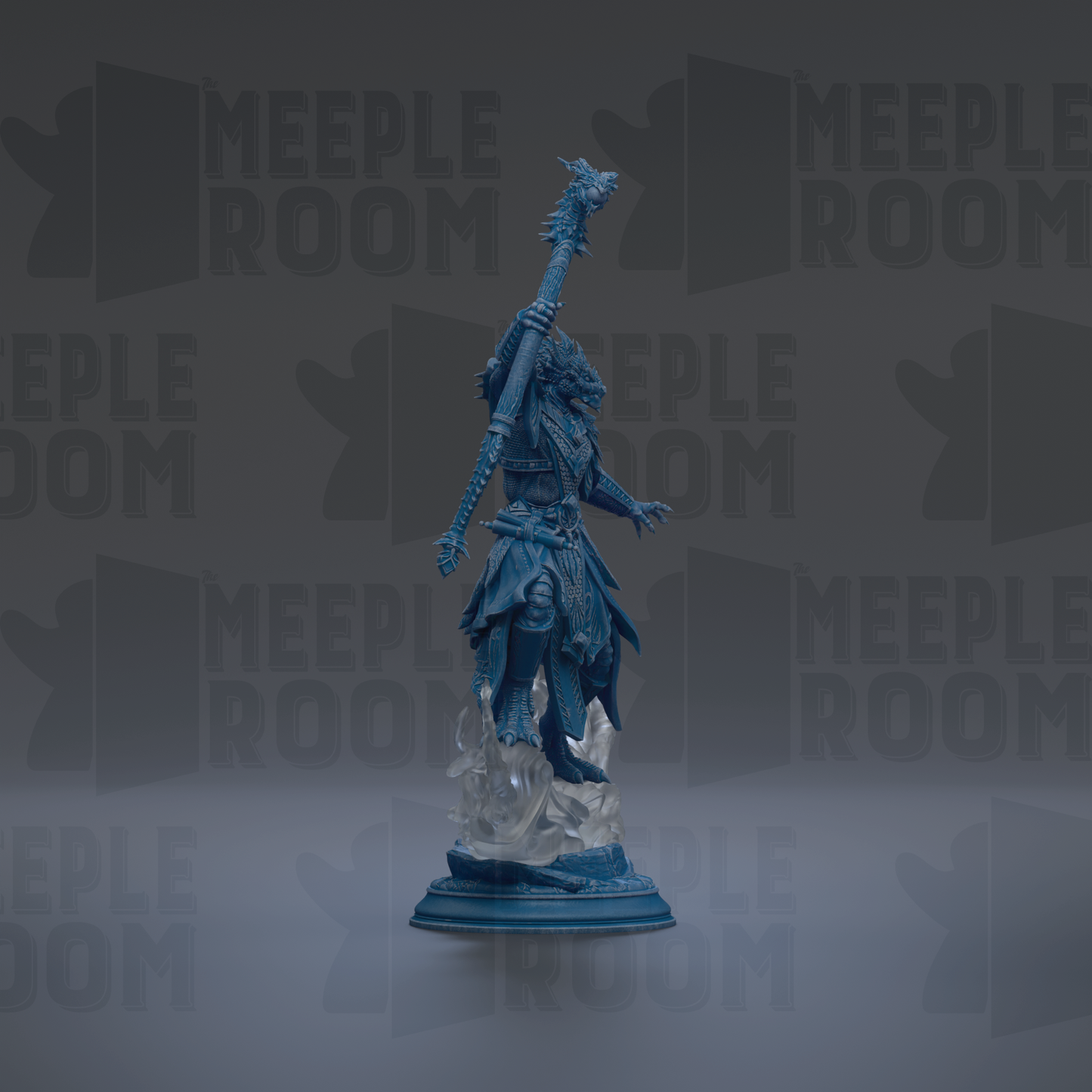 A blue statue of a figure holding a staff and sword stands prominently in the center of the image against a dark background with repeated text.
