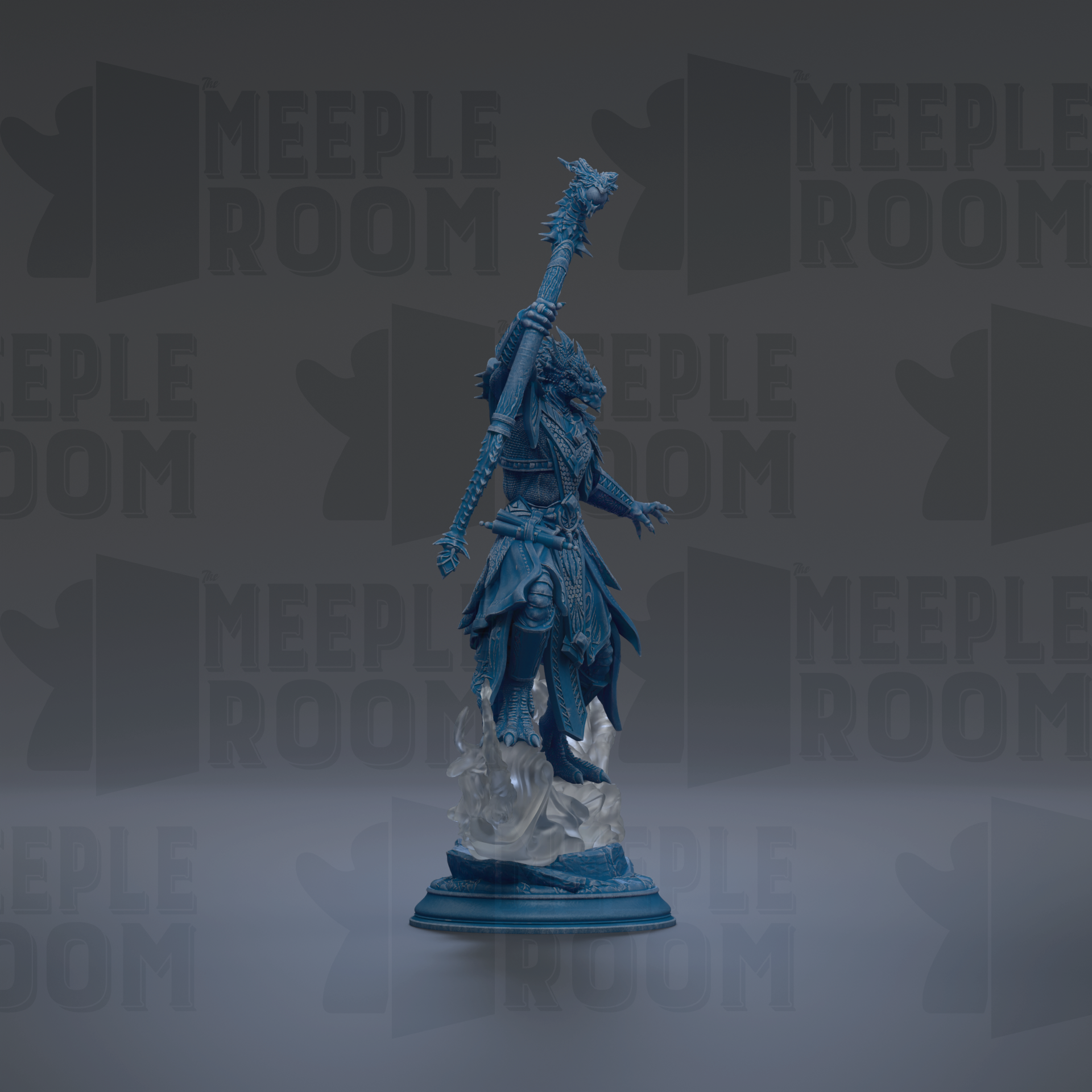 A blue statue of a figure holding a staff and sword stands prominently in the center of the image against a dark background with repeated text.