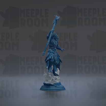 A blue statue of a figure holding a staff and sword stands prominently in the center of the image against a dark background with repeated text.