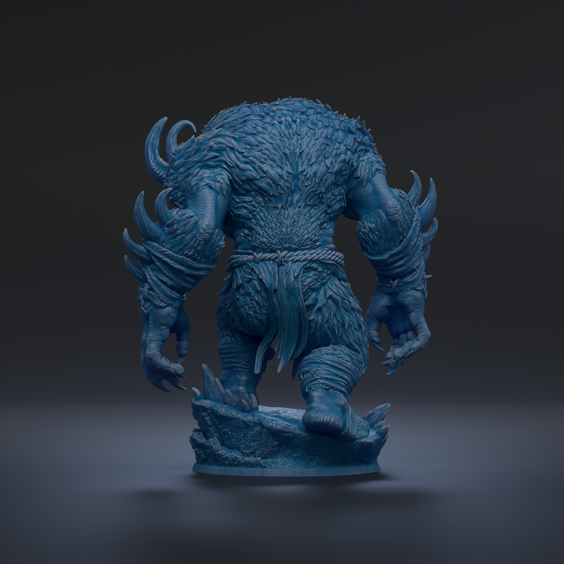 A detailed 3D rendering of a blue, furry creature with sharp claws and fangs, standing on a rock formation against a dark background.