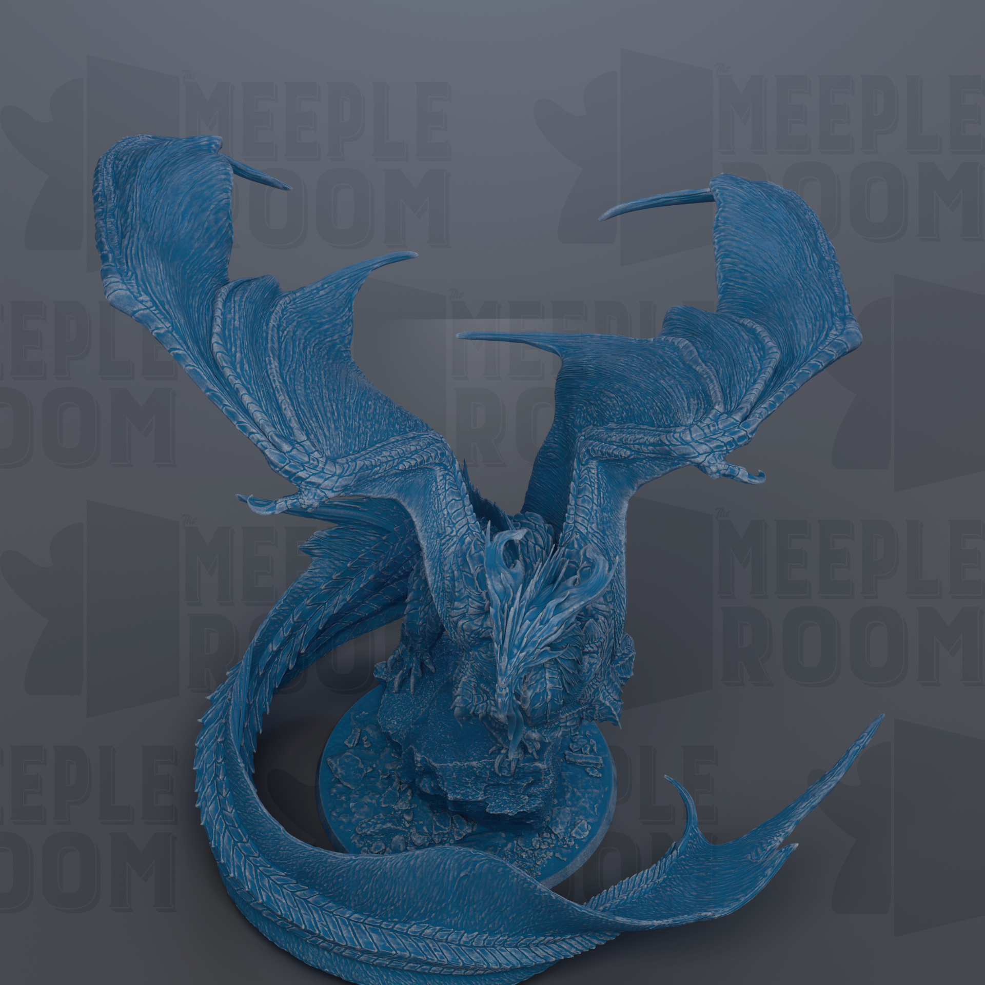 A blue dragon figurine with outstretched wings is the main focus of the image.