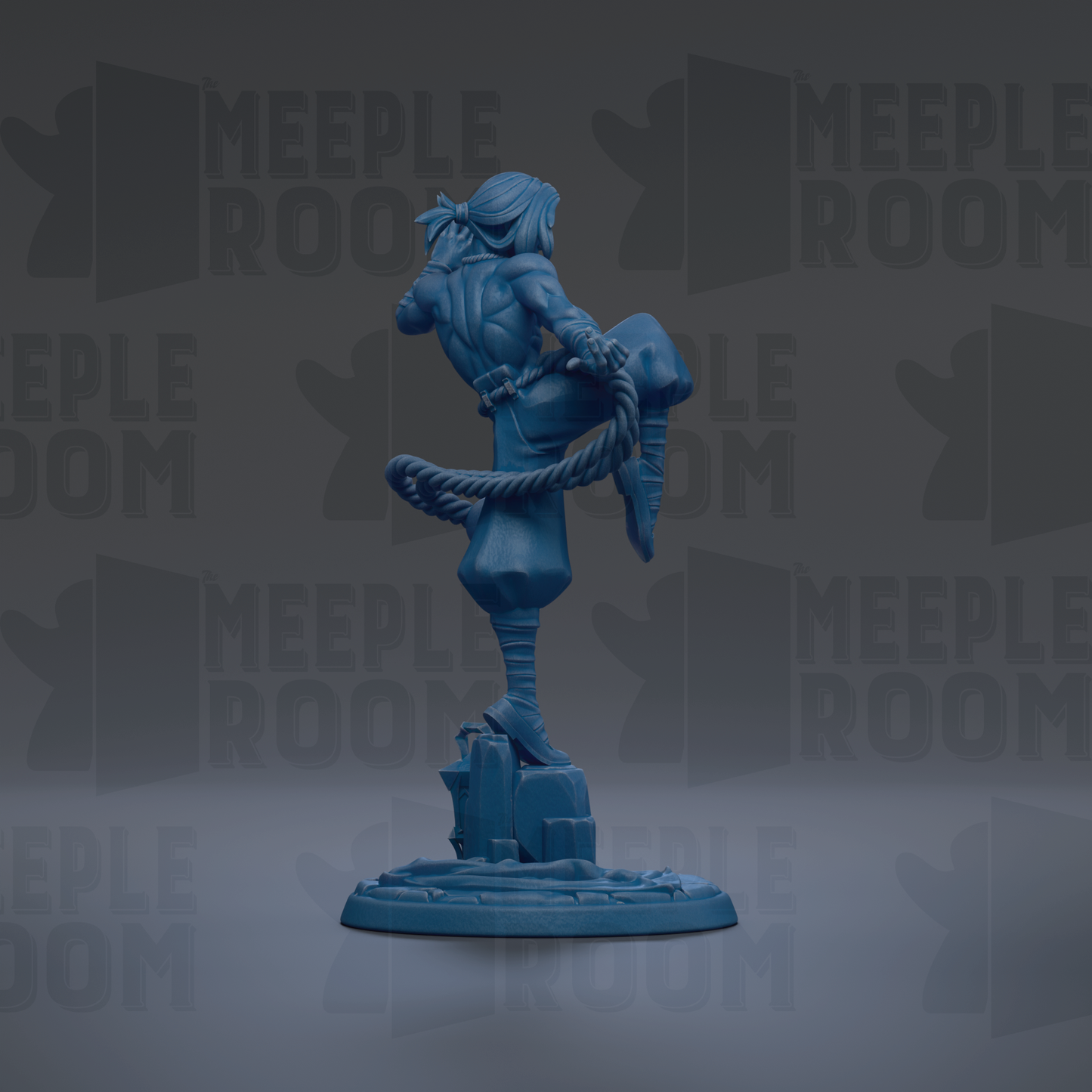 A blue figurine of a person standing on a platform, with the text "MEUPLE ROOM" repeated in the background.