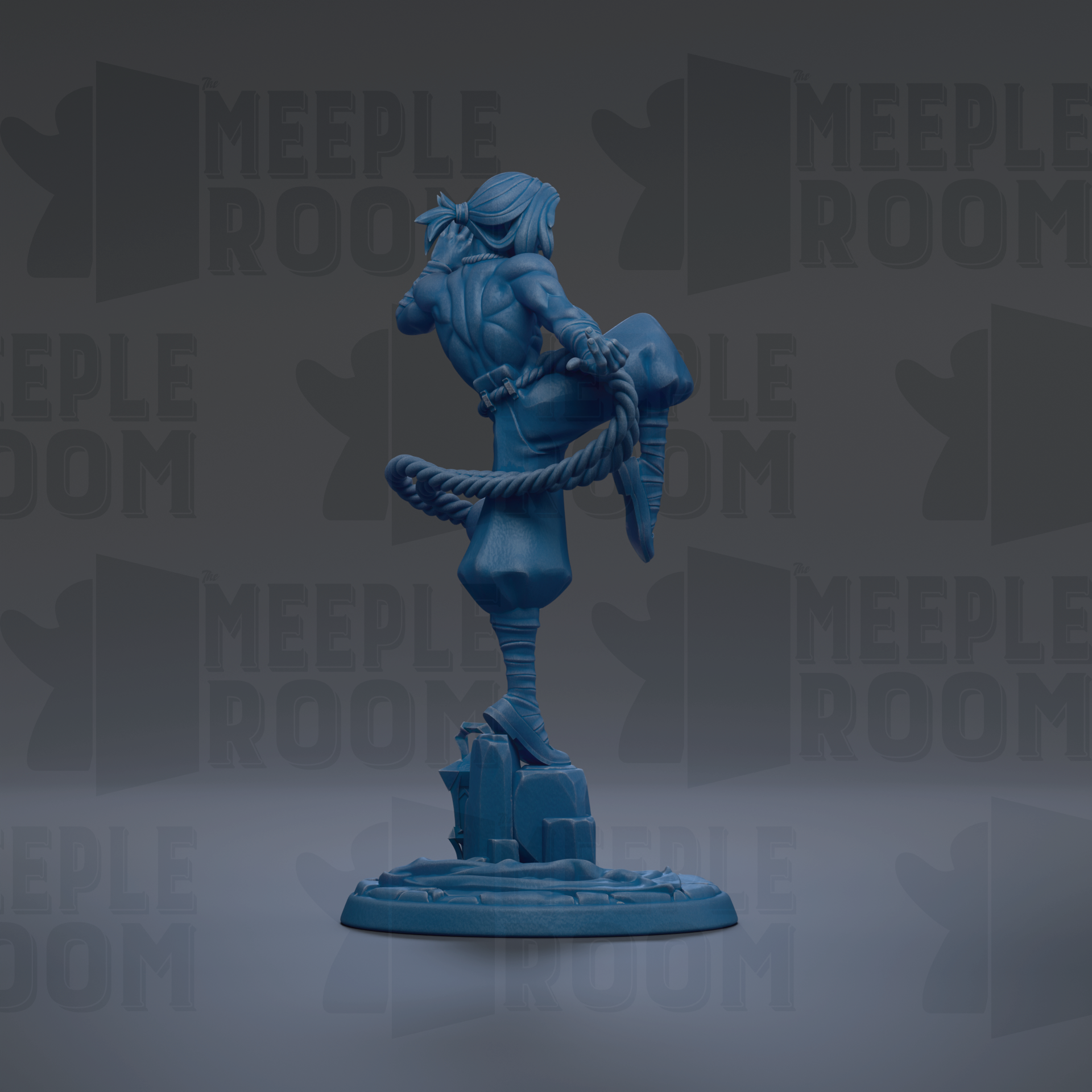 A blue figurine of a person standing on a platform, with the text "MEUPLE ROOM" repeated in the background.