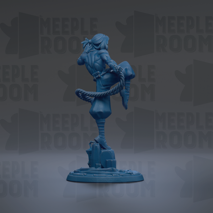 A blue figurine of a person standing on a platform, with the text "MEUPLE ROOM" repeated in the background.