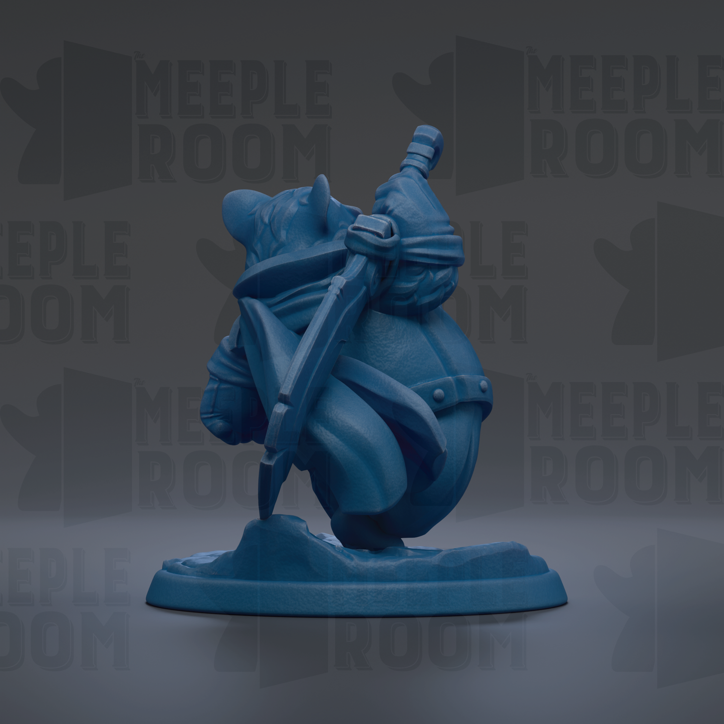 A blue figurine of a character with horns and a sword, standing on a base.
