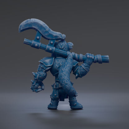 A blue, armored fantasy character holding a large weapon and standing in a fighting stance.