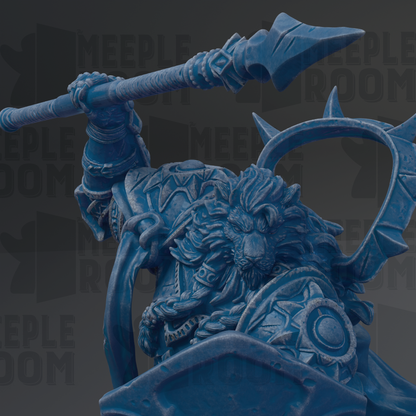 A detailed 3D rendering of a blue armored warrior figure wielding a spear and shield, set against a dark background with repeated text.