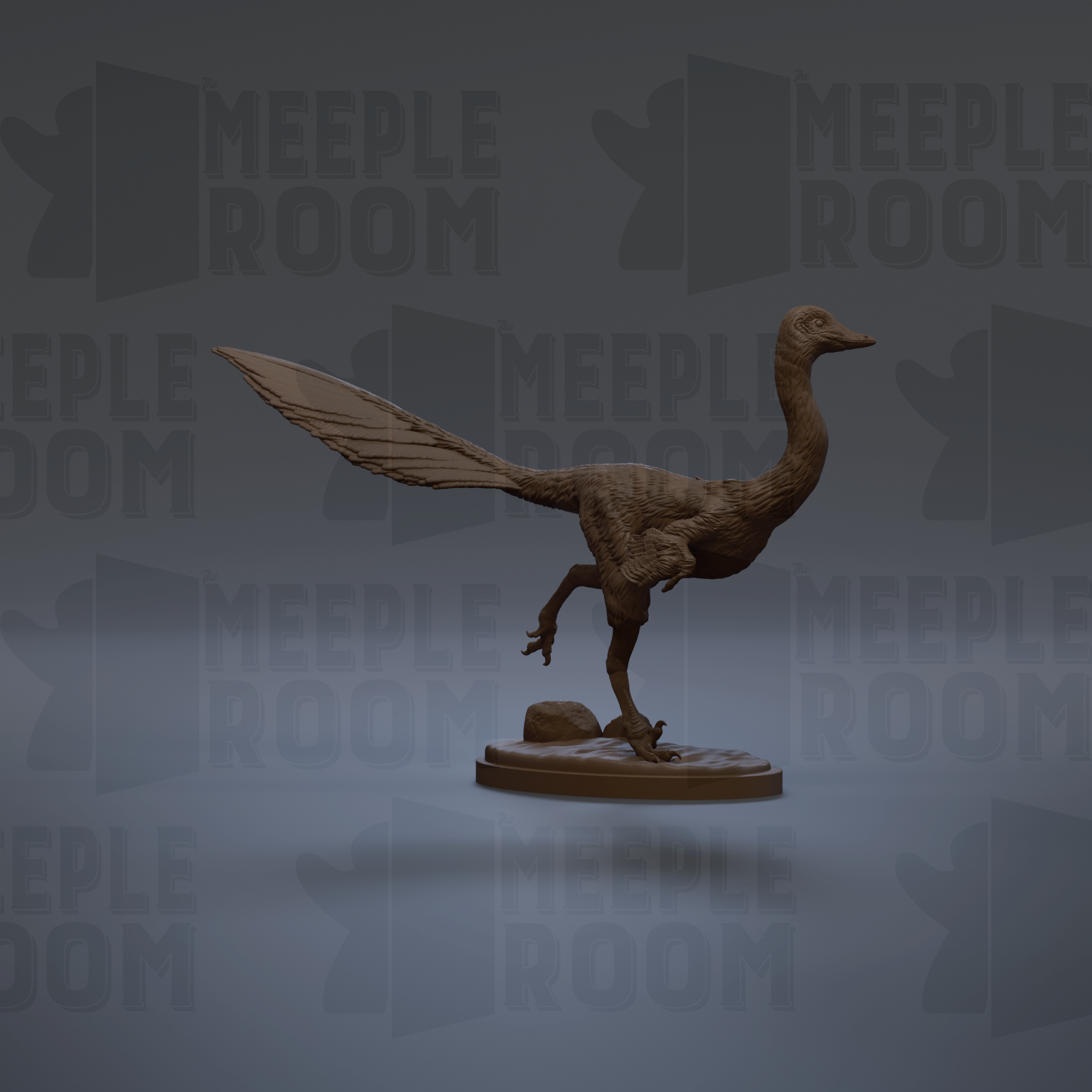 A 3D rendering of a dinosaur statue, likely a meek dinosaur, standing on a platform.