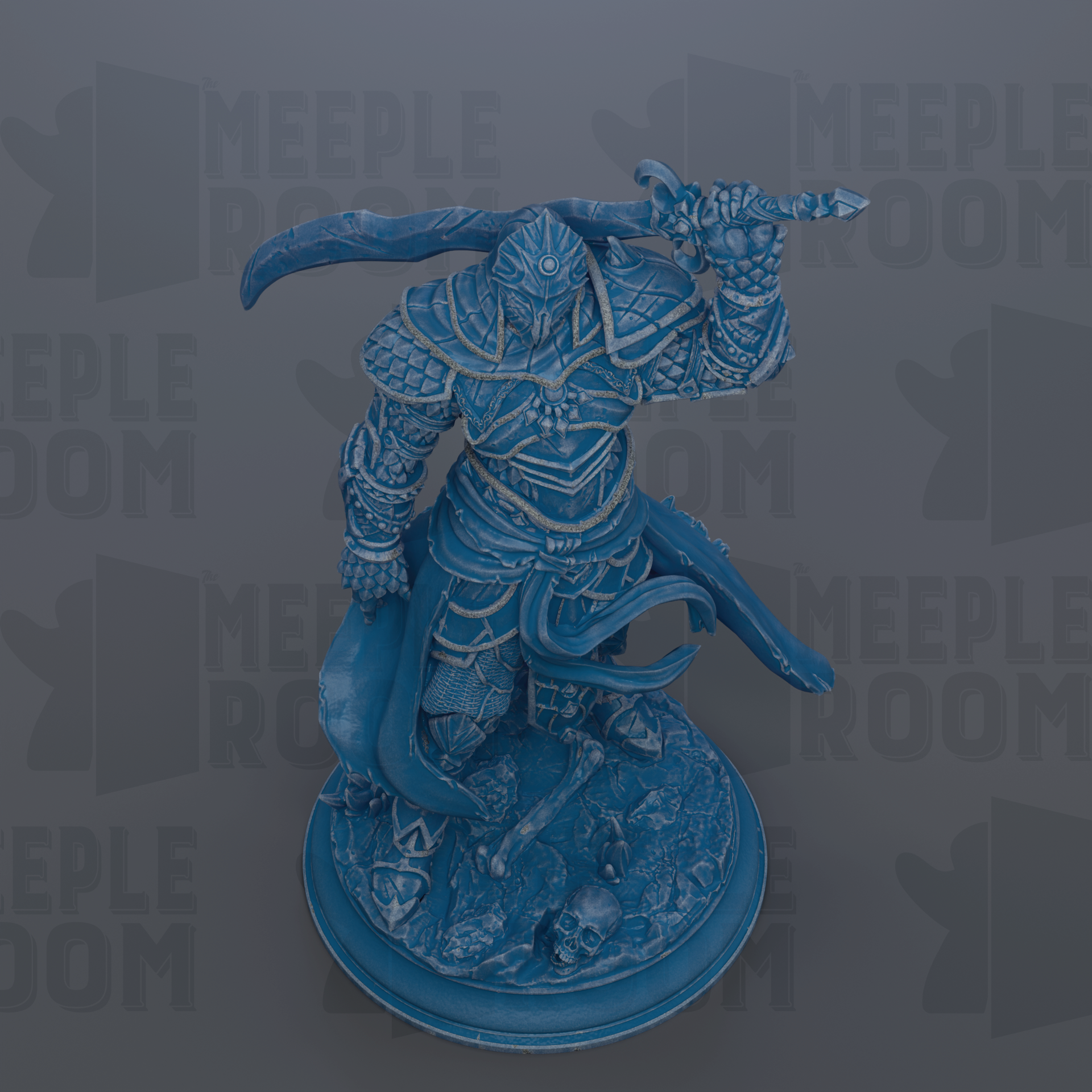 A blue figurine of a warrior-like character with a sword and shield, standing on a base with a skull and other symbols.