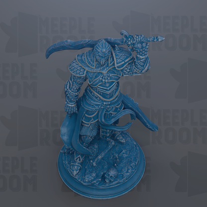 A blue figurine of a warrior-like character with a sword and shield, standing on a base with a skull and other symbols.