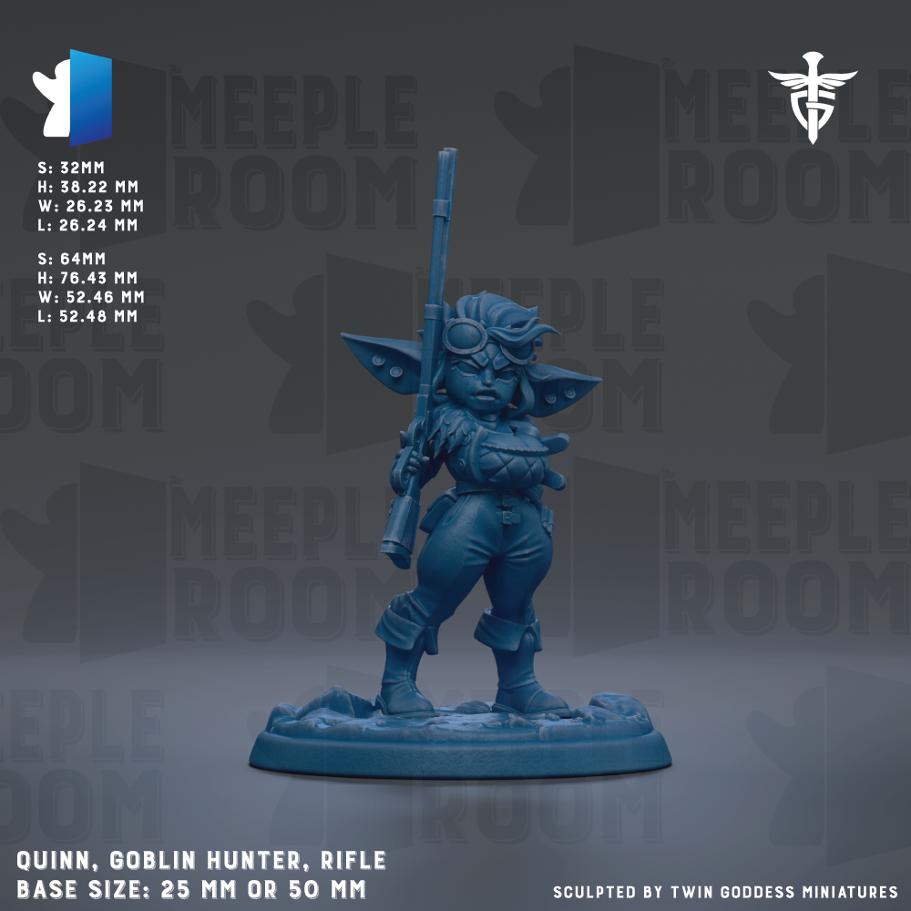 a figurine of a female character, specifically a Goblin Hunter, holding a rifle. The figurine is standing on a base and is described as a 25mm or 50mm rifle. The figurine is sculpted by Twin Goddess Miniatures.