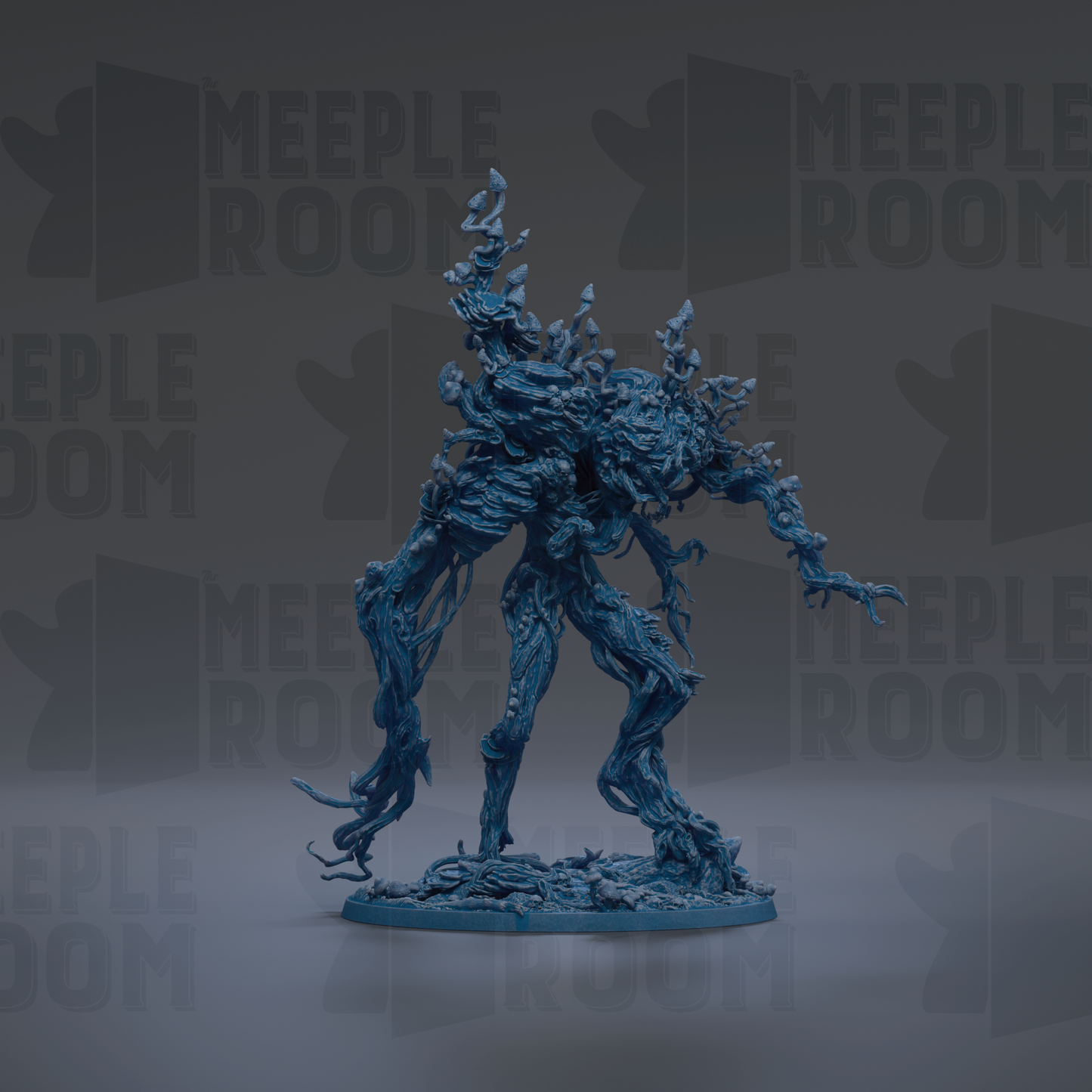 A blue, abstract, and organic-looking creature resembling a tree or plant with intricate, flowing lines and shapes.