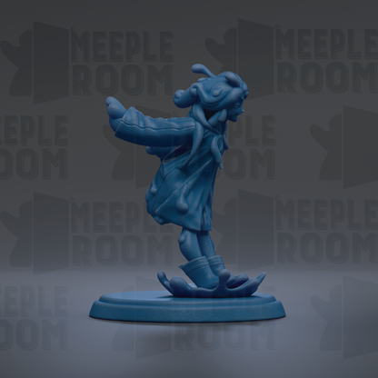 A blue figurine of a person with curly hair and a flowing dress is standing on a blue base against a dark background with repeated text.
