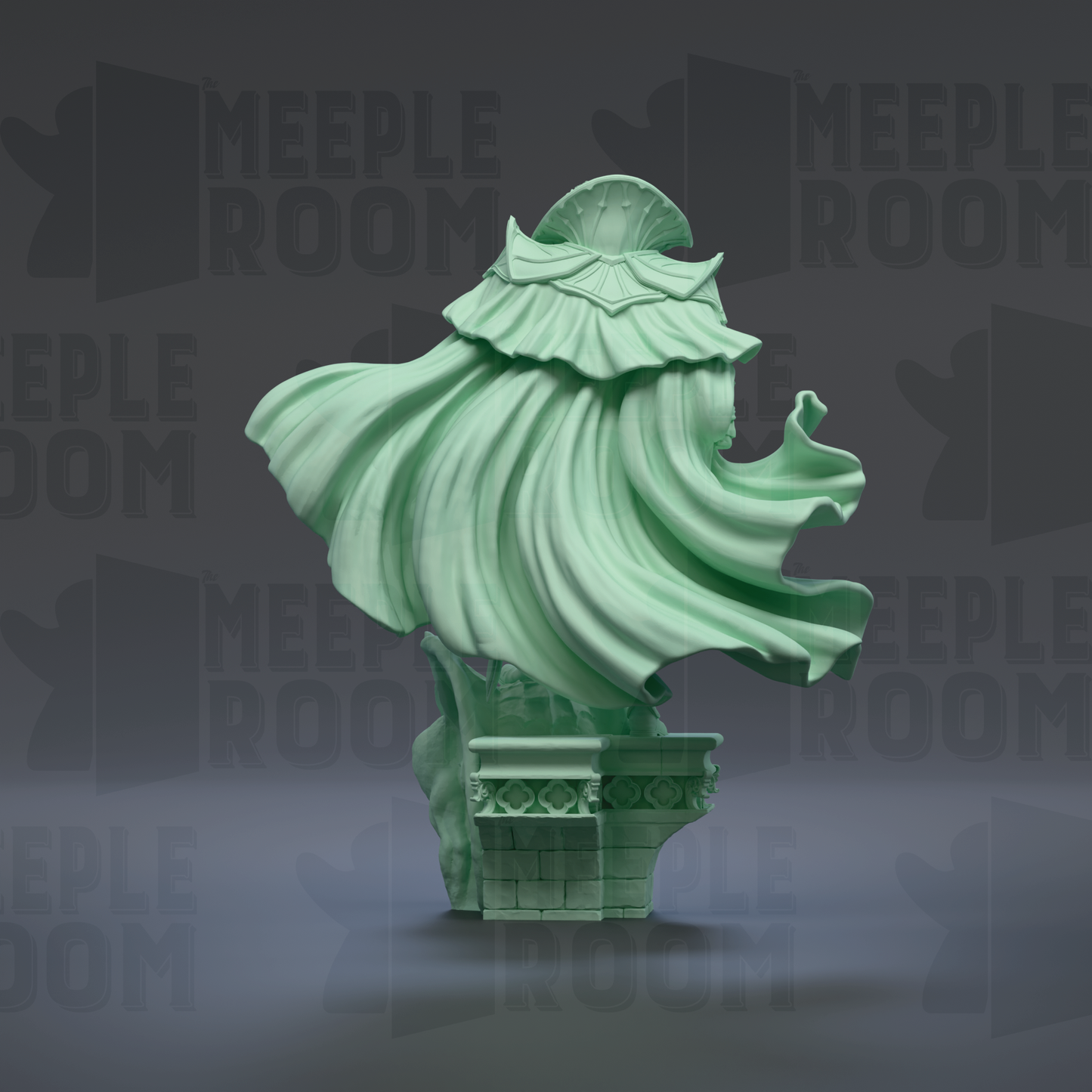 A green statue of a woman with flowing hair and a flowing dress stands on a pedestal against a dark background with repeated text.