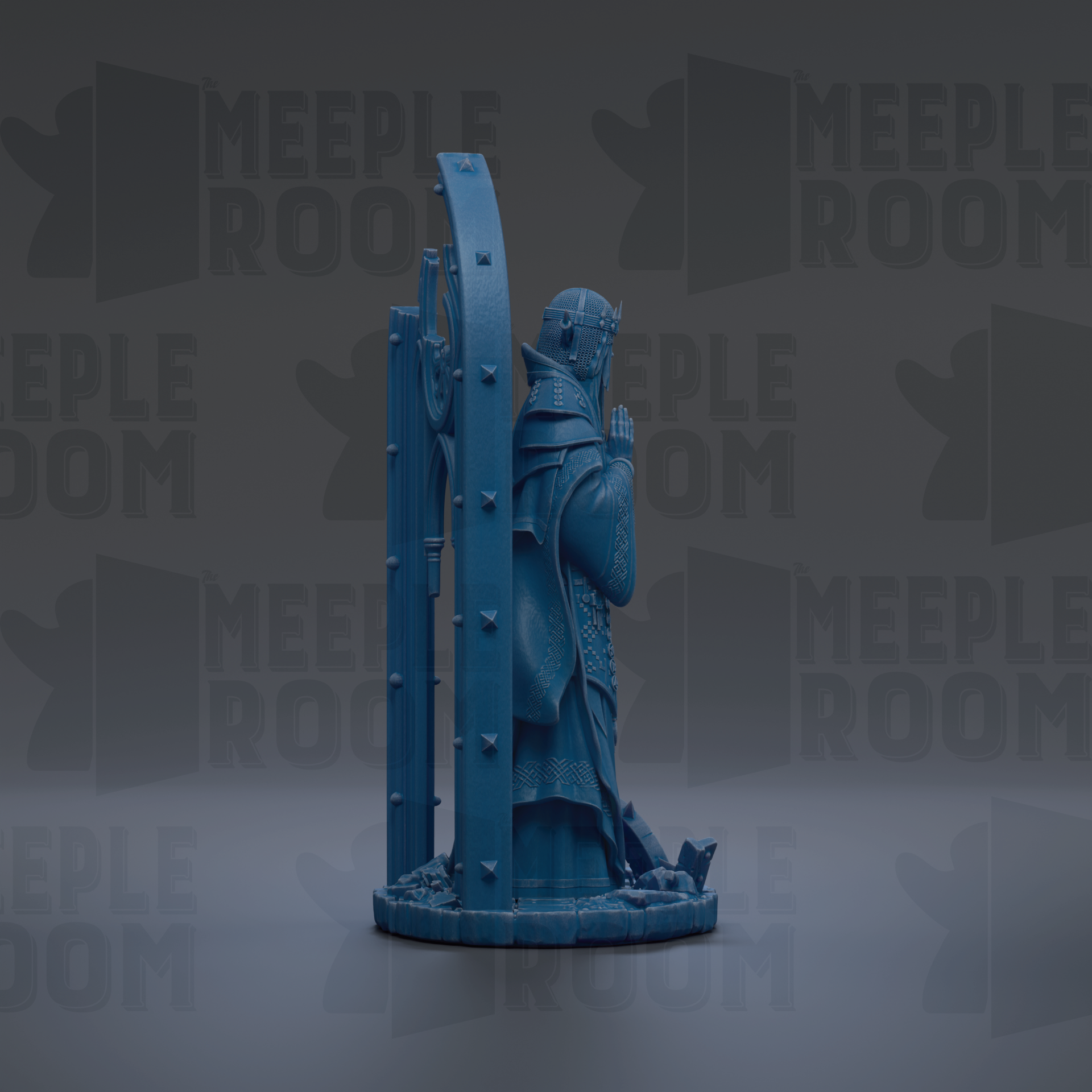 A blue statue of a figure standing in front of a doorway, with the word "MEUPLE ROOM" repeated in the background.
