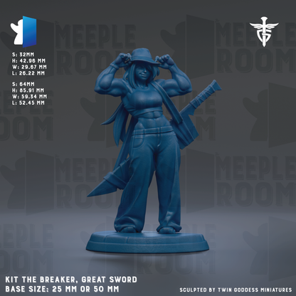 a blue figurine of a muscular woman with a sword and a hat, standing on a base. The figurine is described as a "KIT THE BREAKER, GREAT SWORD" and is shown in various sizes, including 25mm and 50mm. The image is a collage of multiple images, and the phrase "SCULPTED BY TWIN GODESS MINIATURES" is mentioned at the bottom.