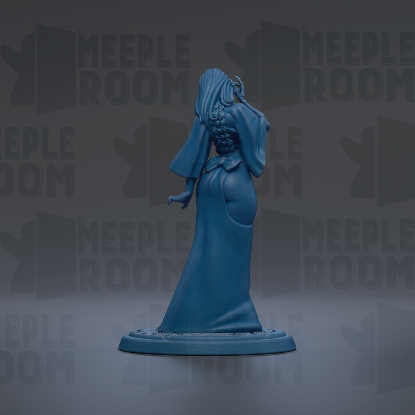 A blue figurine of a woman with long hair and a flowing dress stands on a base against a dark background with repeated text.