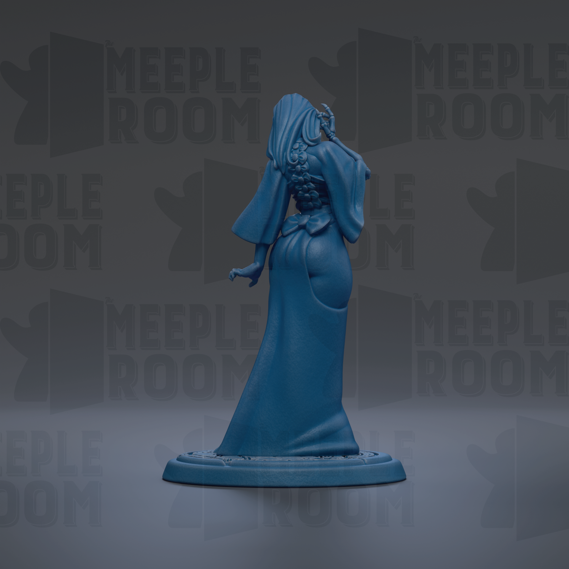 A blue figurine of a woman with long hair and a flowing dress stands on a base against a dark background with repeated text.