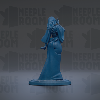 A blue figurine of a woman with long hair and a flowing dress stands on a base against a dark background with repeated text.
