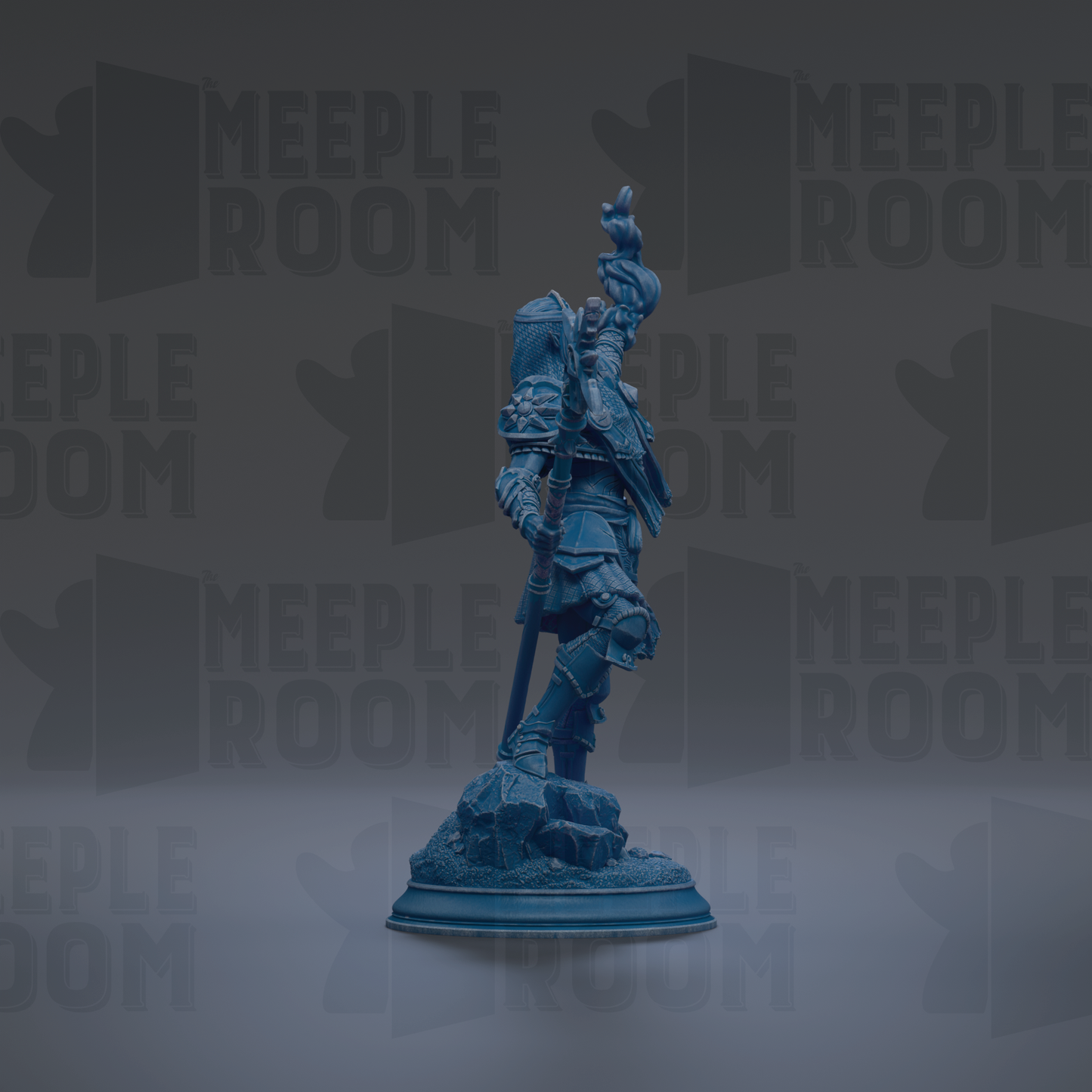 A blue figurine of a knight standing on a pedestal against a dark background with repeated "MEIPLE ROOM" text.