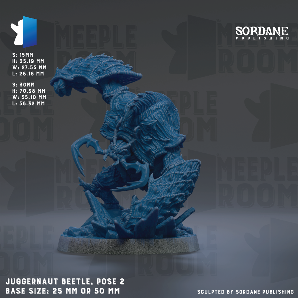 The image is a detailed model of a Juggnaut Beetle, a type of insect-like creature, posed in a dynamic fighting stance. The model is made of a blue material and is displayed on a gray base. The image is a part of a larger collection of images related to the Juggnaut Beetle, and it is published by Sordane Publishing. The base size of the model is either 25mm or 50mm.