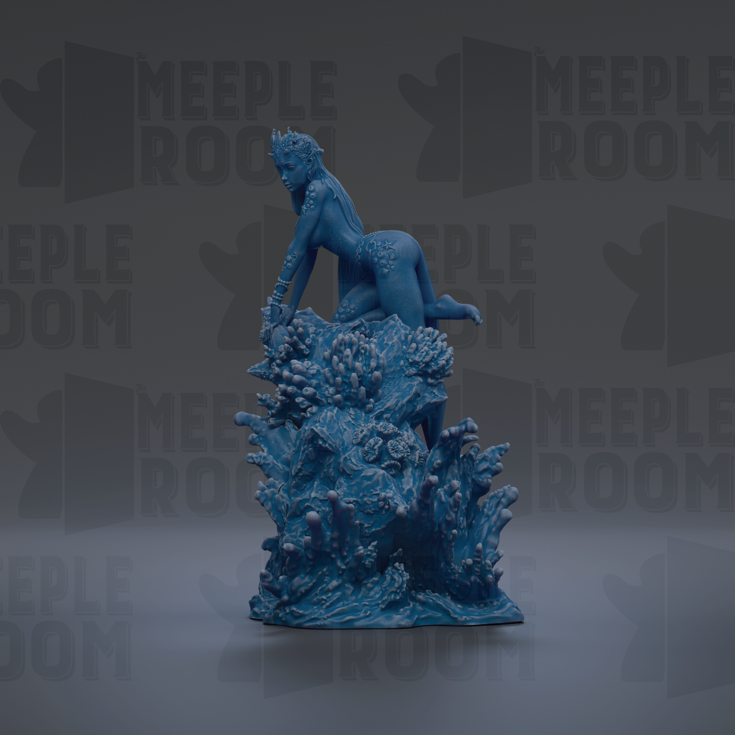 A blue, 3D-rendered statue of a woman sitting on a rock formation, surrounded by a sea of blue and green plants.