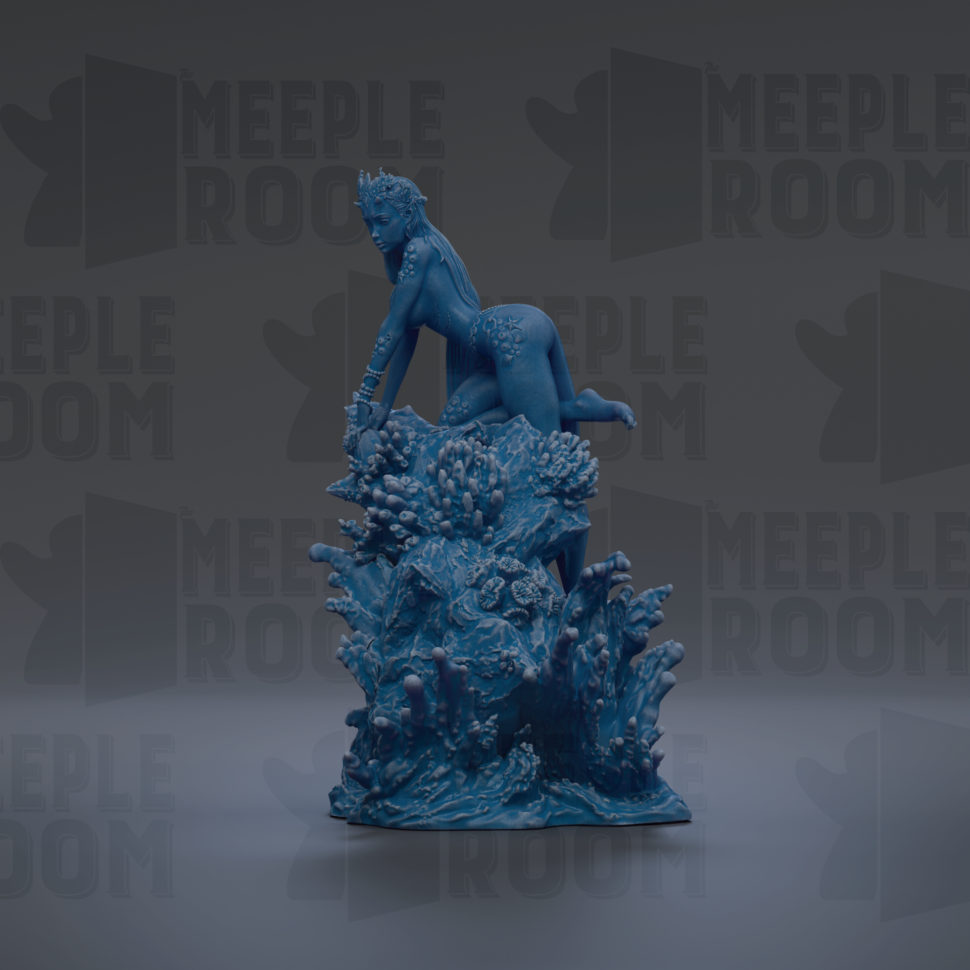 A blue, 3D-rendered statue of a woman sitting on a rock formation, surrounded by a sea of blue and green plants.