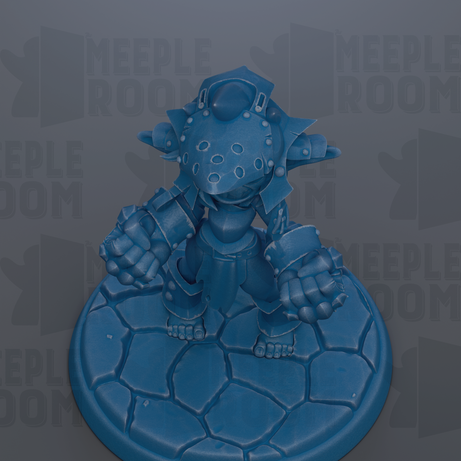 A blue figurine of a character with a helmet and armor, standing on a blue platform with a stone base.