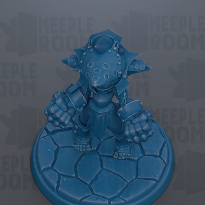 A blue figurine of a character with a helmet and armor, standing on a blue platform with a stone base.