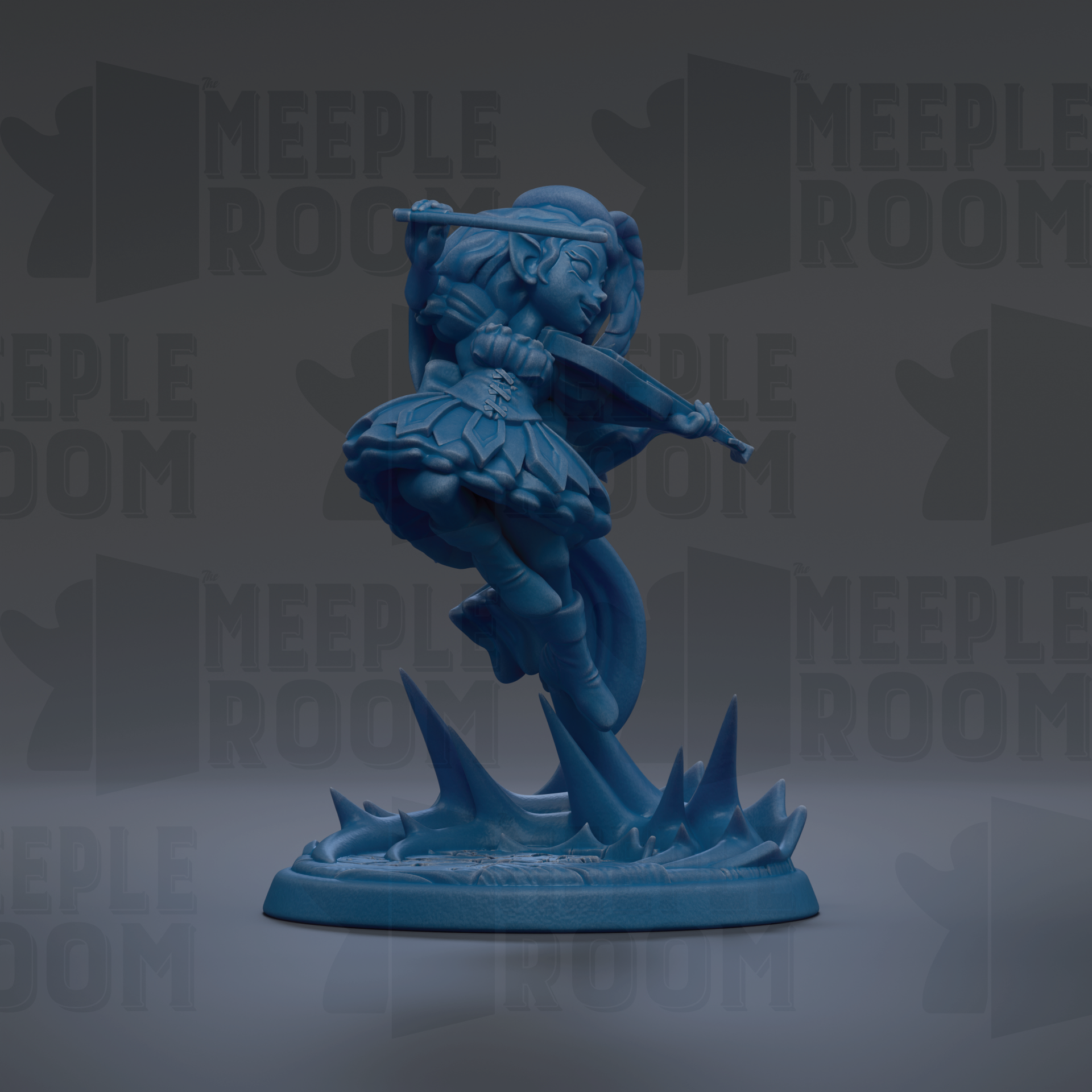 A blue figurine of a female character, possibly a fairy or elf, is depicted in a dynamic pose, holding a musical instrument.