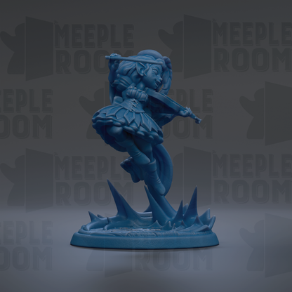 A blue figurine of a female character, possibly a fairy or elf, is depicted in a dynamic pose, holding a musical instrument.