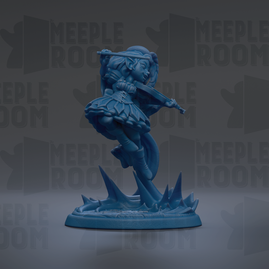 A blue figurine of a female character, possibly a fairy or elf, is depicted in a dynamic pose, holding a musical instrument.
