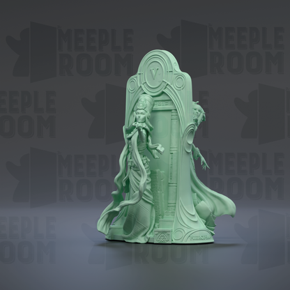 A green statue of a woman with a flowing dress stands in front of a doorway, with the word "MEIPLE ROOM" repeated in the background.