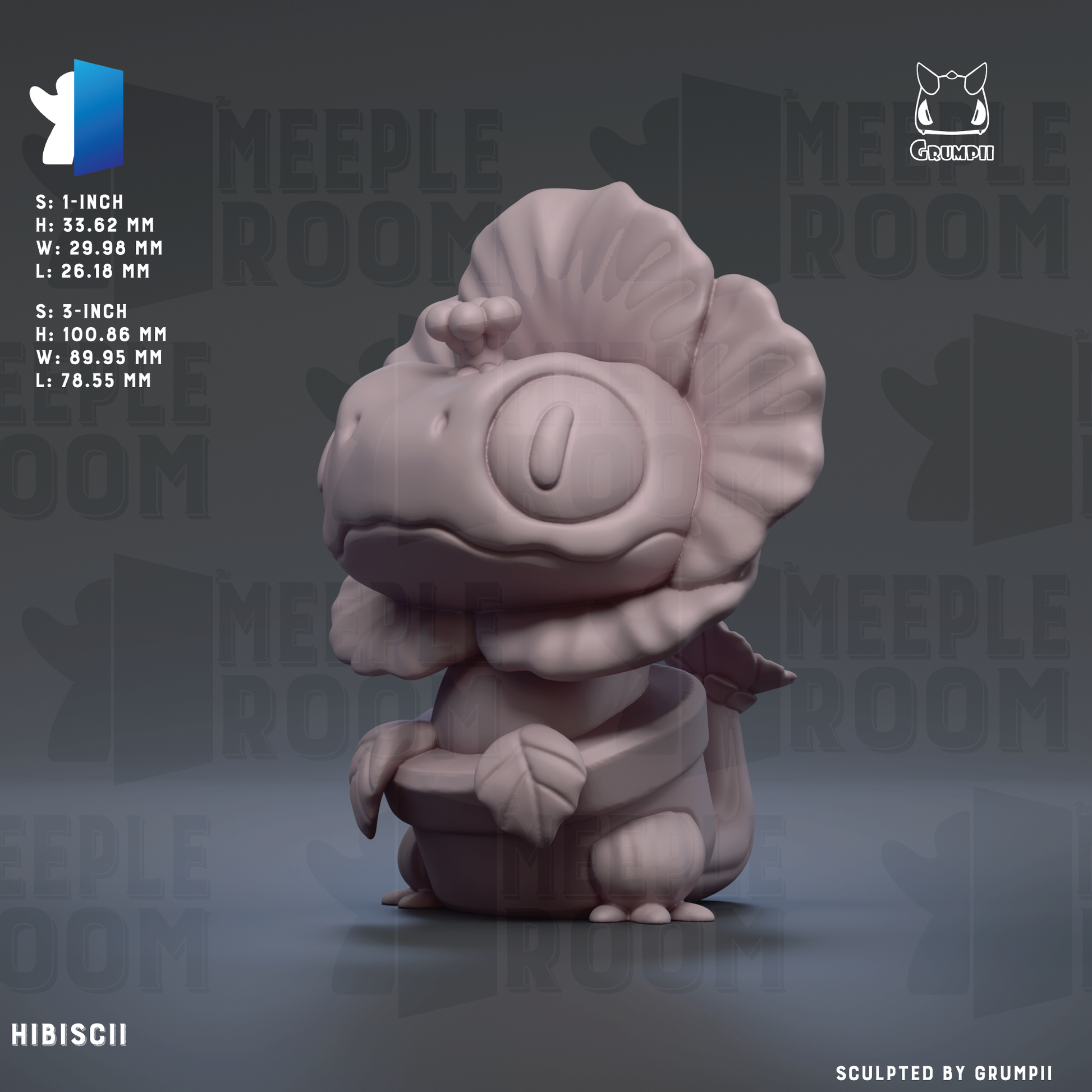 The image is a 3D rendering of a small, pinkish-colored figurine with a flower-like shape on its head, sitting on its hind legs. The background is a dark gray color, and there is text and logos related to the figurine and the room it is in.