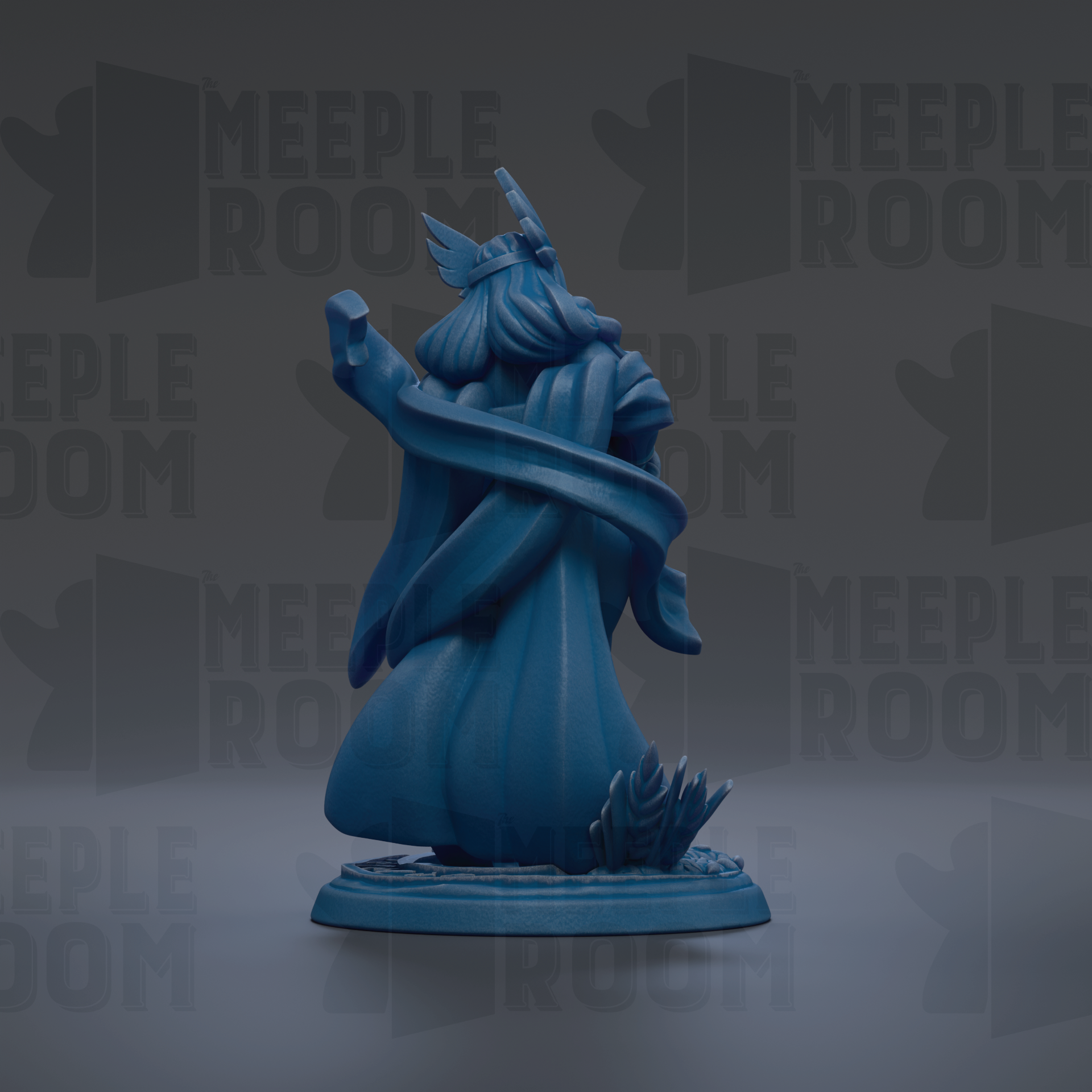 A blue figurine of a winged figure with a flowing robe, standing on a base and holding a staff.