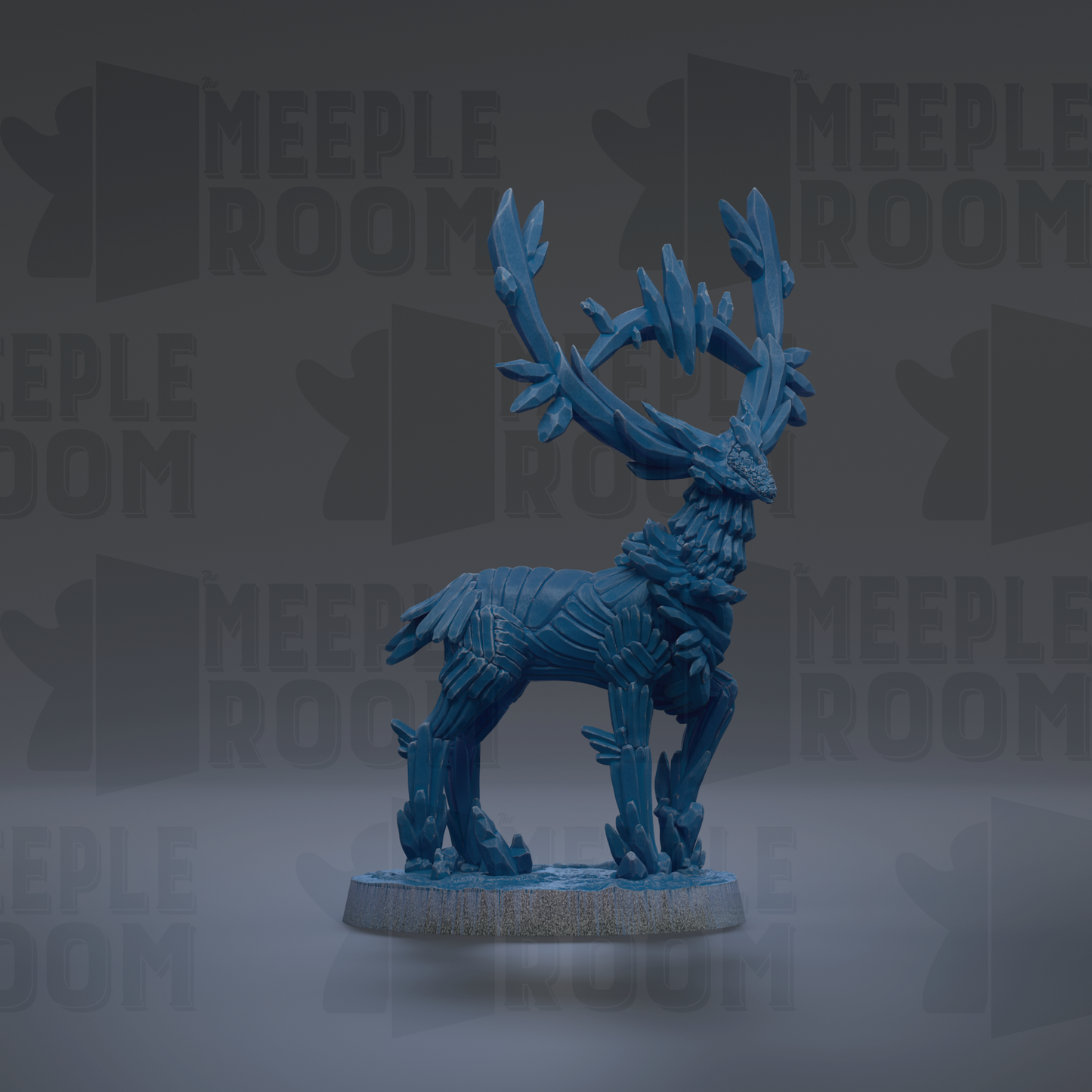 A blue deer figurine with antlers stands on a base against a dark background with repeated text.
