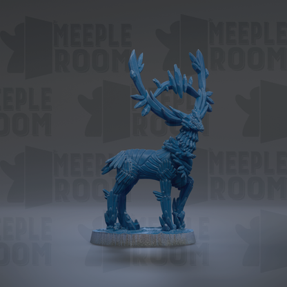 A blue deer figurine with antlers stands on a base against a dark background with repeated text.