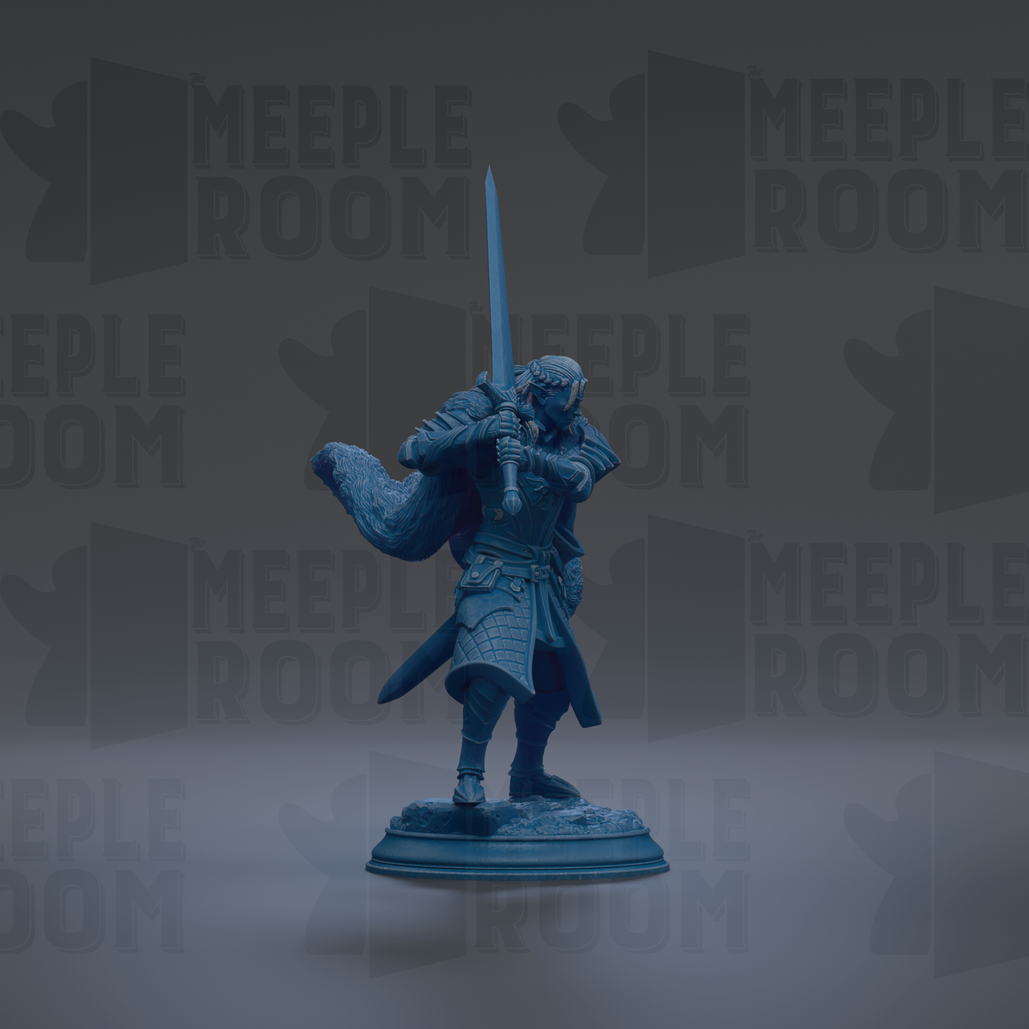 A blue figurine of a warrior standing on a pedestal, holding a sword in one hand and a shield in the other.