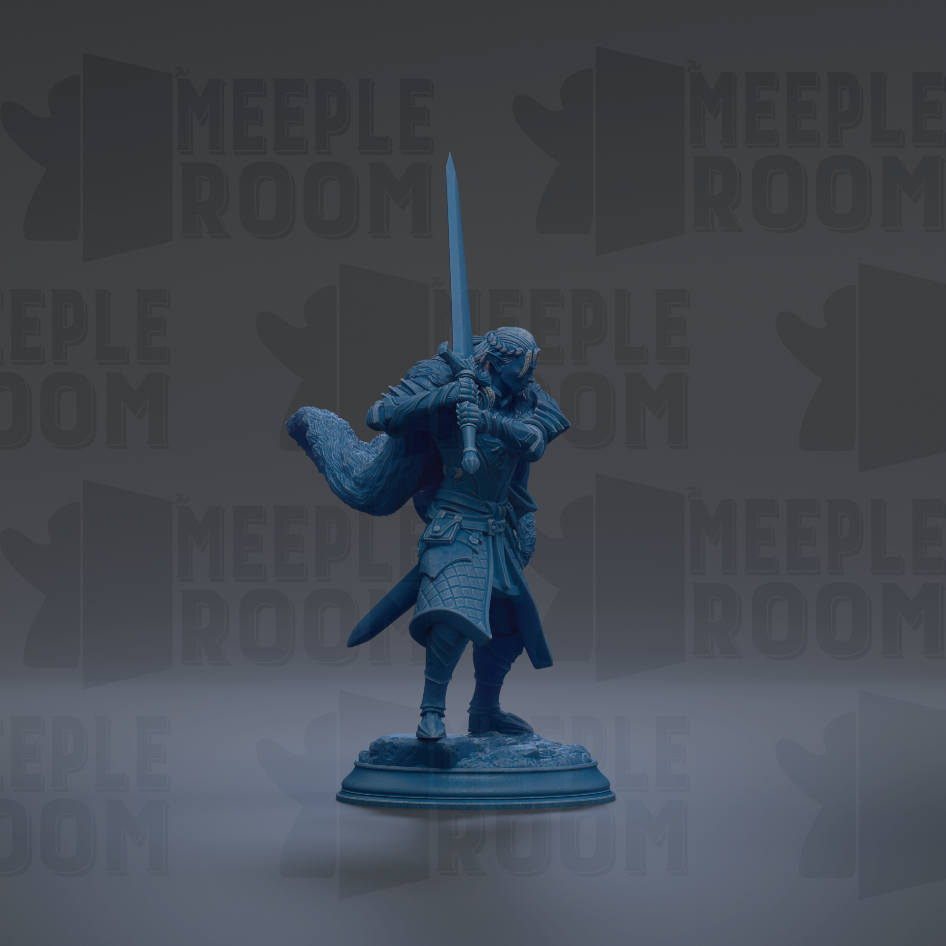 A blue figurine of a warrior standing on a pedestal, holding a sword in one hand and a shield in the other.