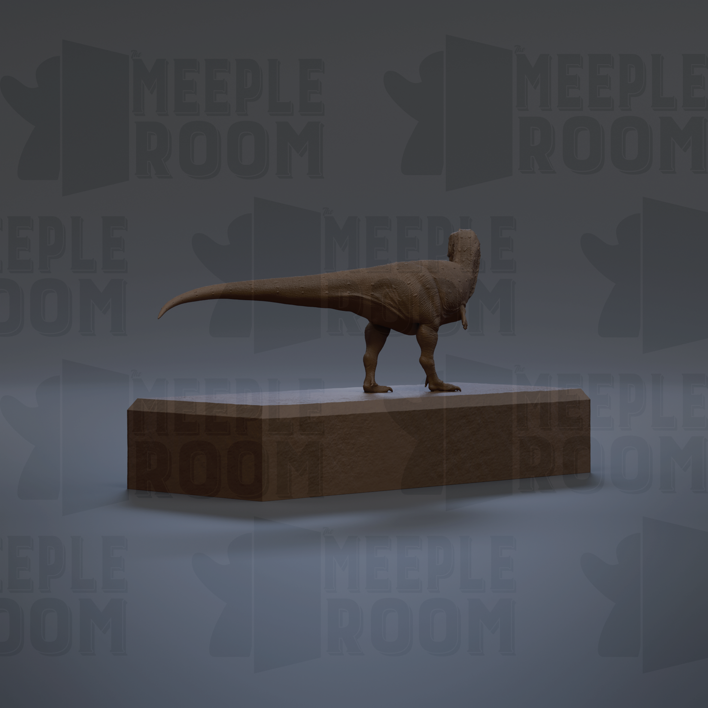 A 3D rendering of a T-Rex dinosaur standing on a platform against a dark background with repeated "MEUPLE ROOM" text.