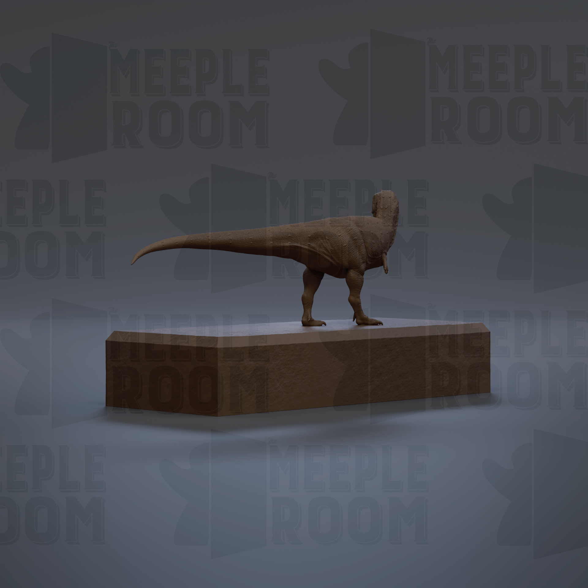 A 3D rendering of a T-Rex dinosaur standing on a platform against a dark background with repeated "MEUPLE ROOM" text.