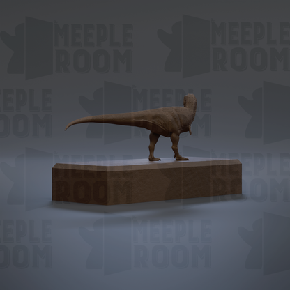 A 3D rendering of a T-Rex dinosaur standing on a platform against a dark background with repeated "MEUPLE ROOM" text.