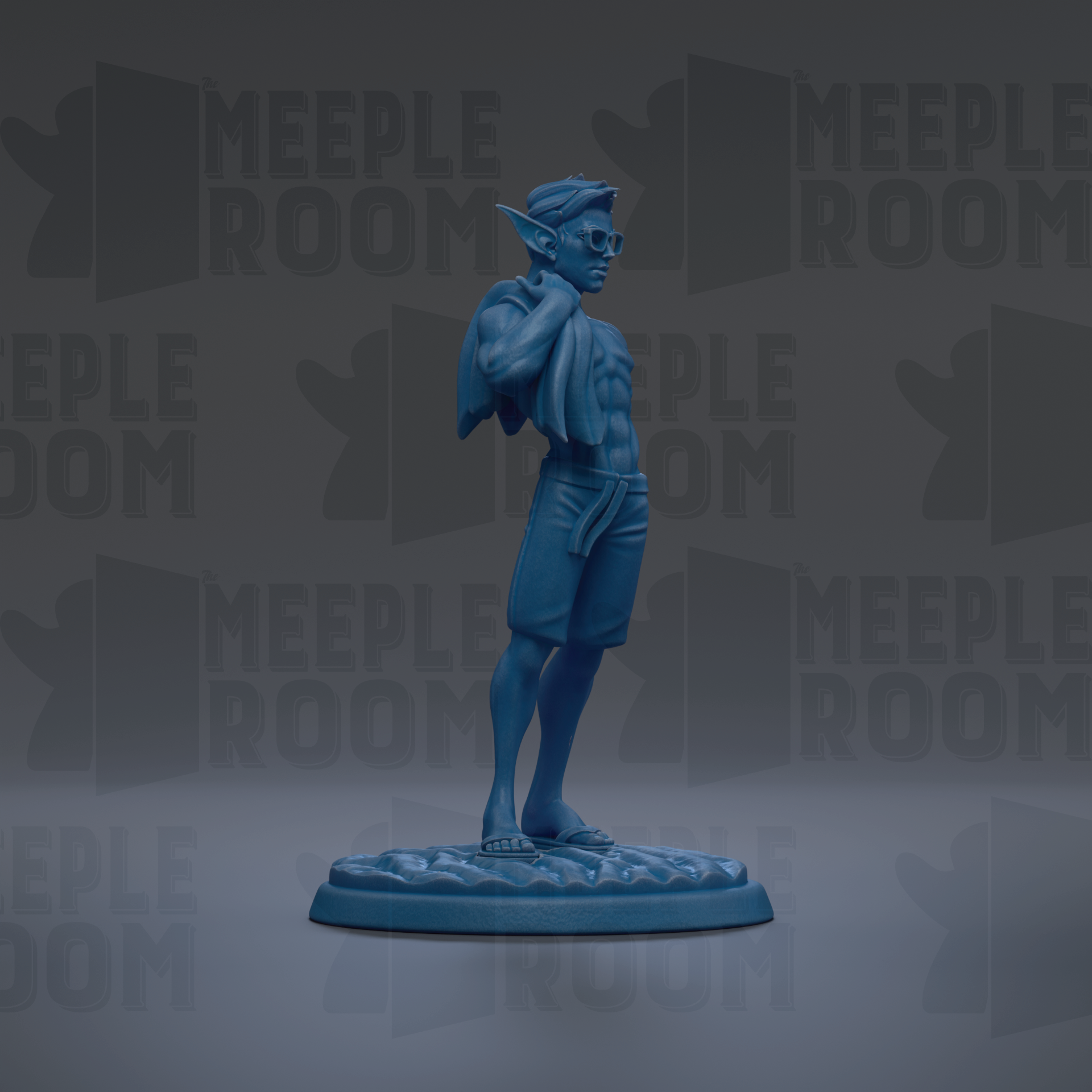 A blue figurine of a person standing on a platform against a dark background with repeated text.