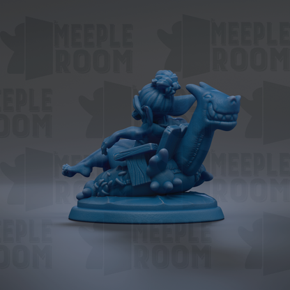 A blue figurine of a person riding a dragon-like creature, possibly a dragon or a mythical creature, against a dark background with repeated text.