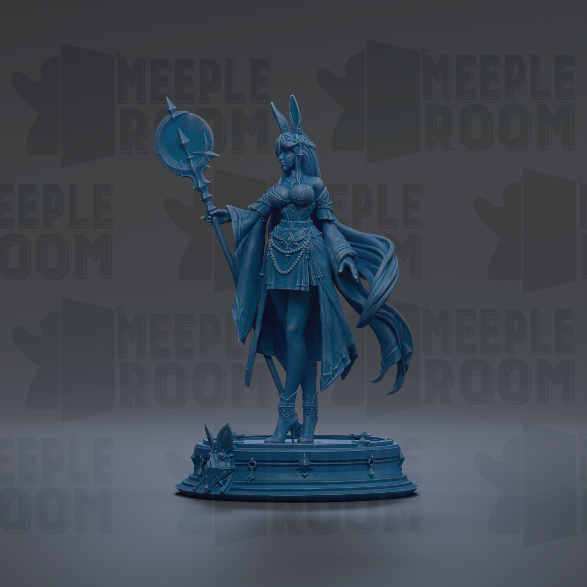 A blue statue of a woman with a staff and flowing robes, standing on a pedestal against a dark background with repeated text.